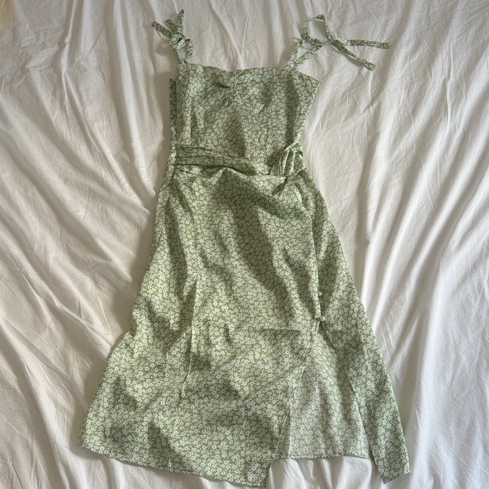 Petite Studio Sage Green Tie Ribbon Dress with Pearl Details